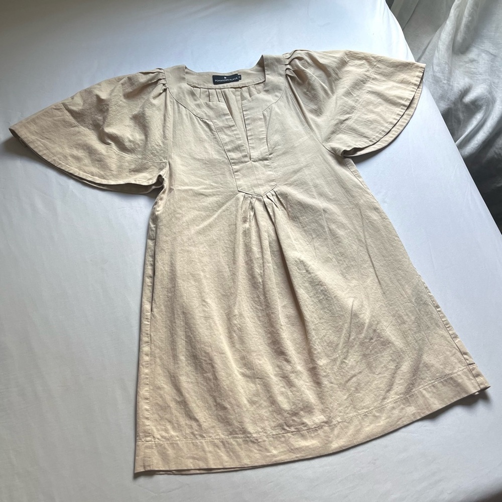 POMANDER‎ PLACE tan cotton flutter short sleeve pleated mini dress